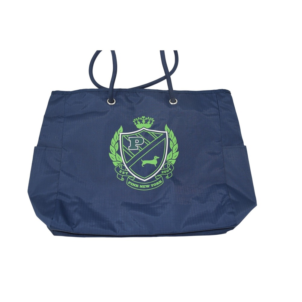 NWOT Victoria's Secret PINK Navy Blue Ripstop Nylon Crest Graphic Tote Bag Green